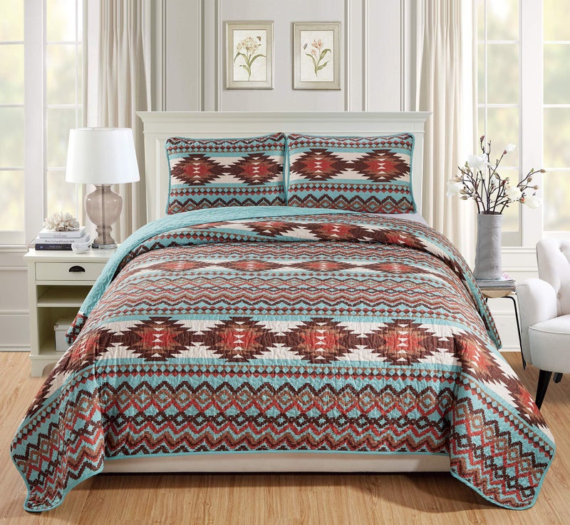 Rugs 4 Less Rustic Southwestern Quilt Stitched Western Bedspread Bedding Set with Tribal Native American Patterns - Utah (Turquoise, King - California King)